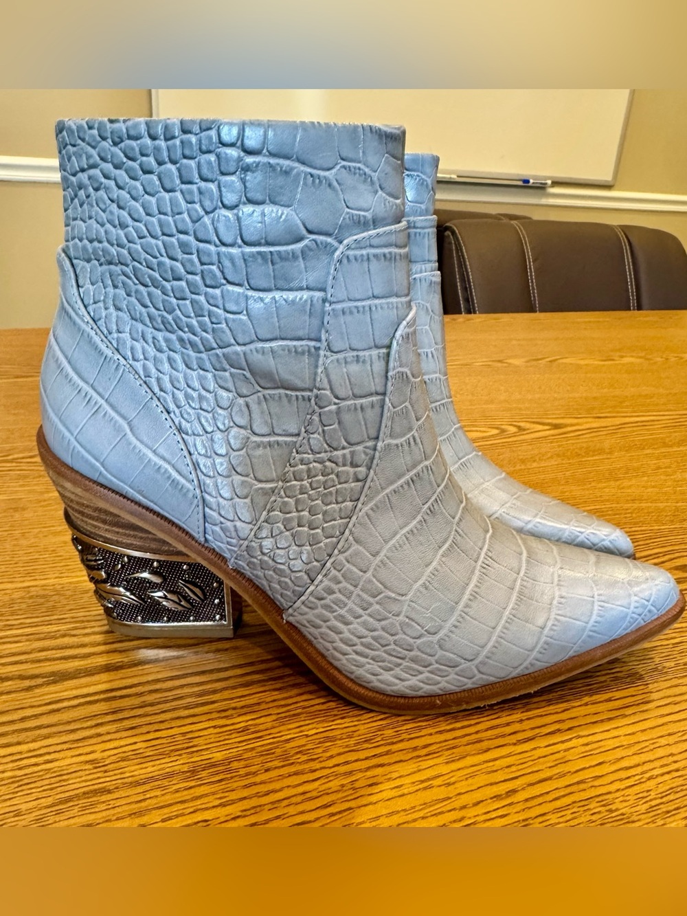 Gianni Boni Croc-Embossed Ankle Booties in Pale Blue with Decorative Heel
